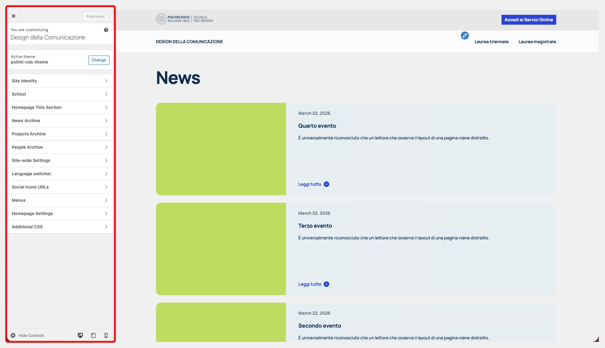 Frontend view of the Customizer Settings block.